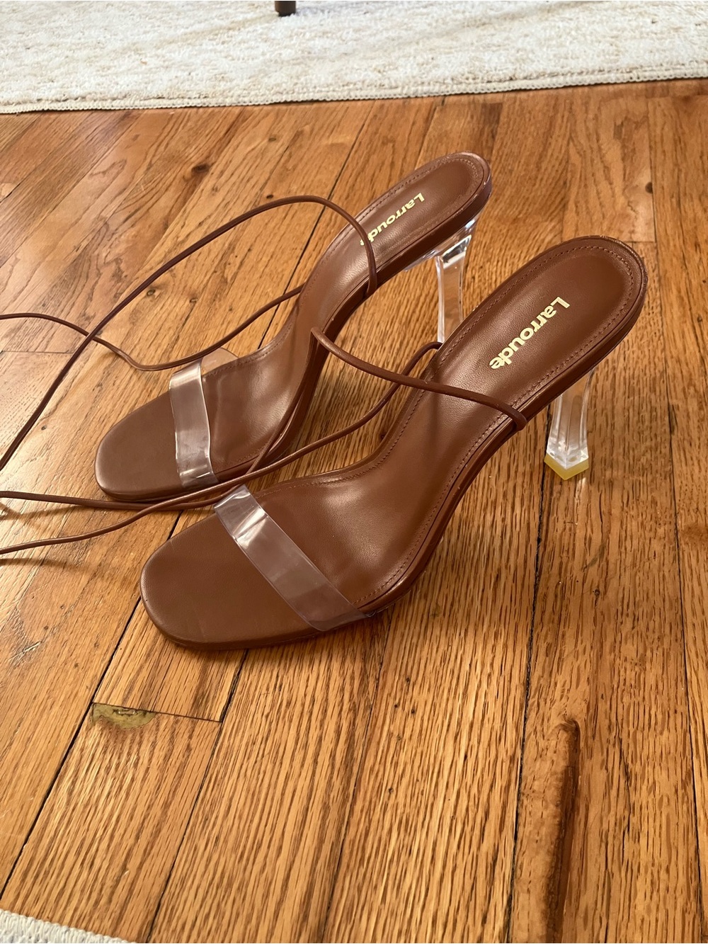 Larroude Gloria Clear Heel Sandals Brown Leather Vinyl Tie Ankle Straps - Picture 5 of 7